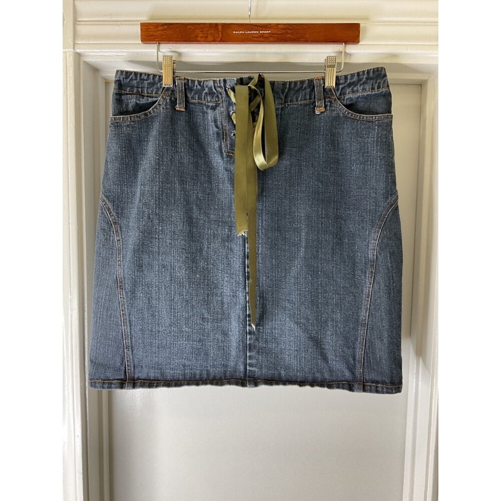 Clio Vintage Denim Skirt Ribbon Tie Front Mid-Length Size M 90s Grunge
